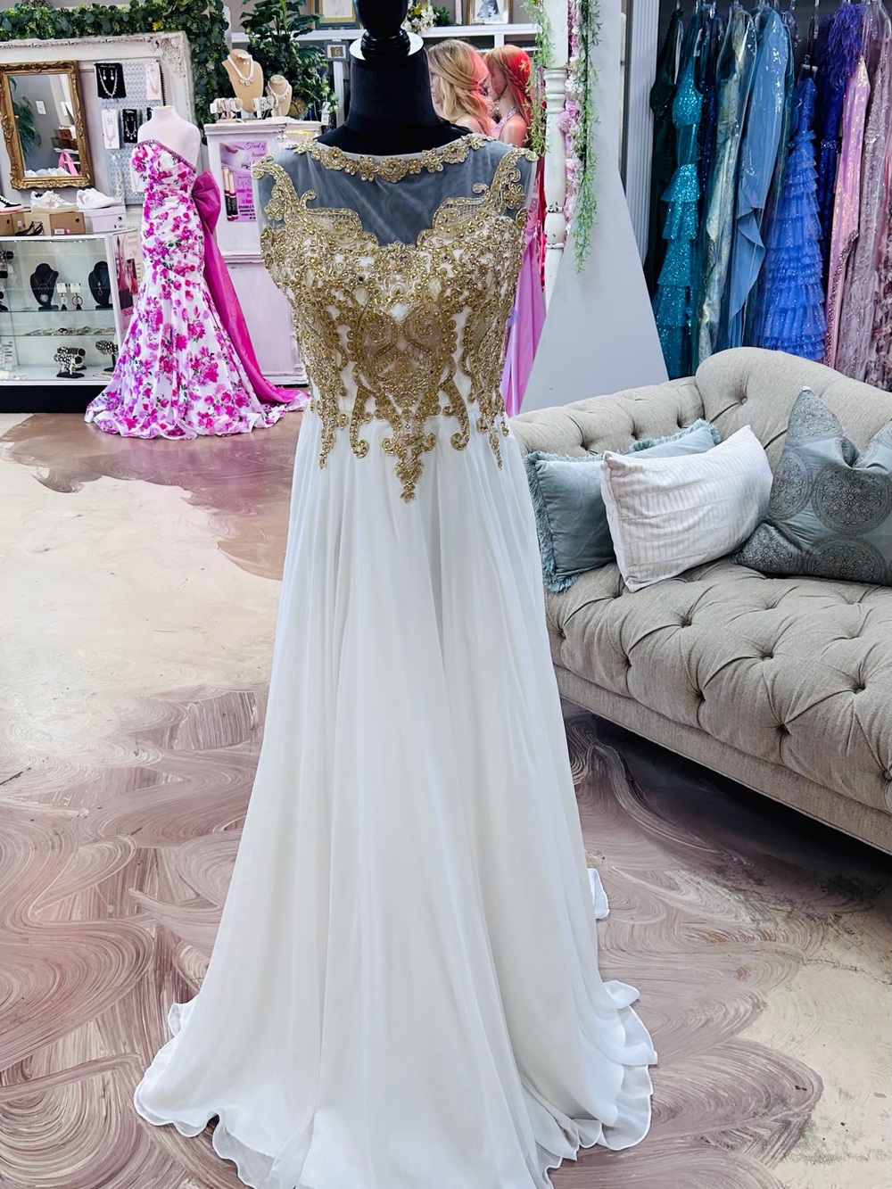 White Prom Dress with Gold Embellished Bodice